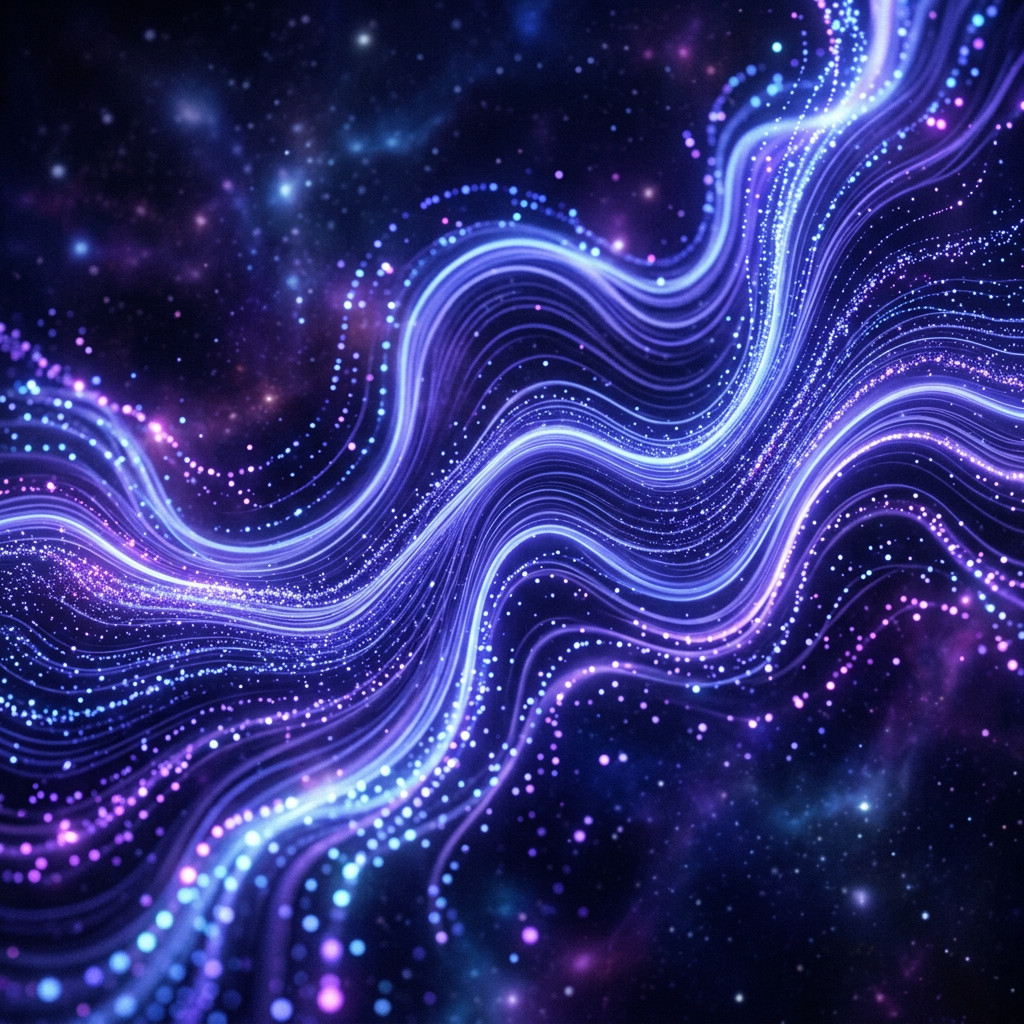 Glowing blue and purple particle waves flowing in an abstract cosmic space