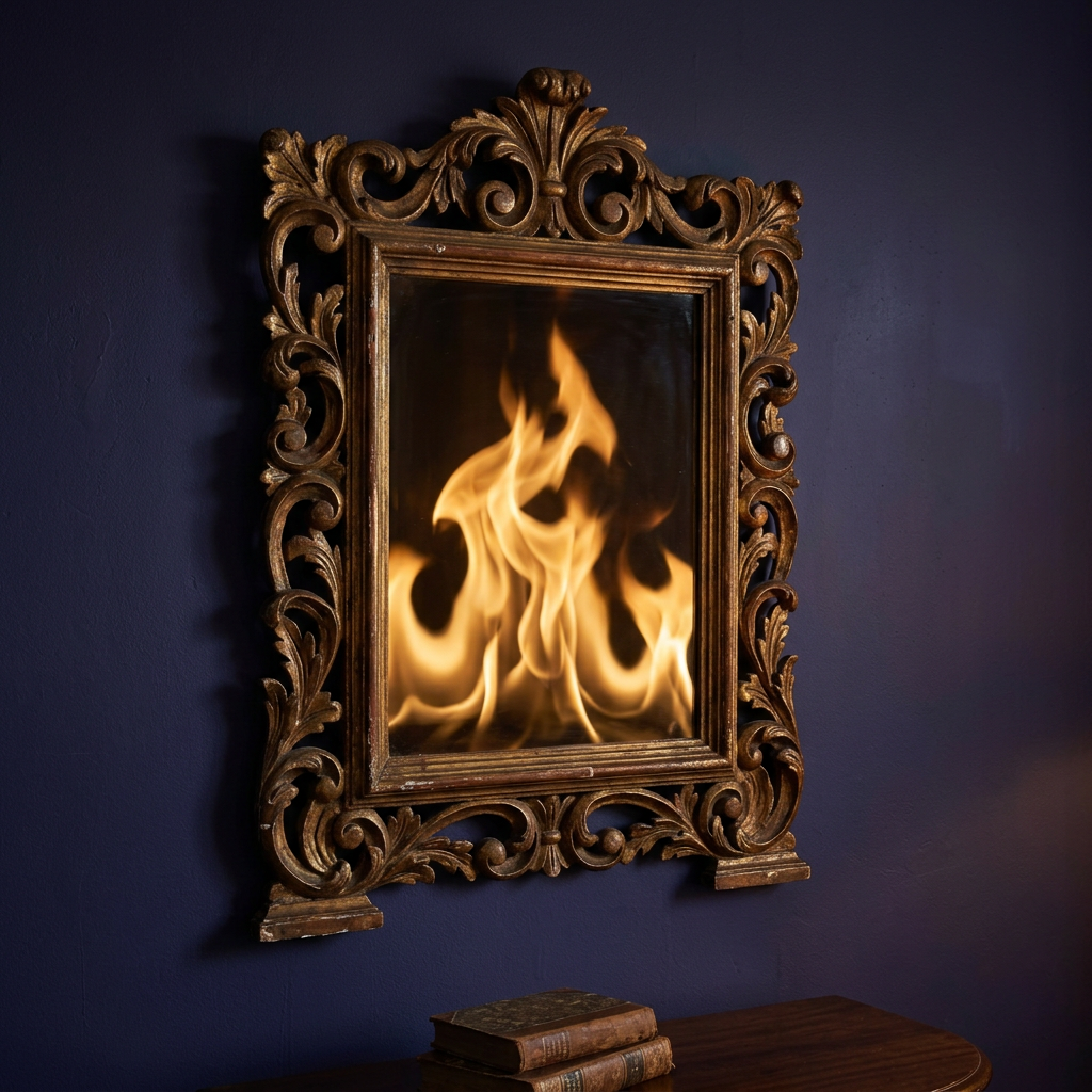 Ornate vintage frame on dark wall reflecting flames inside